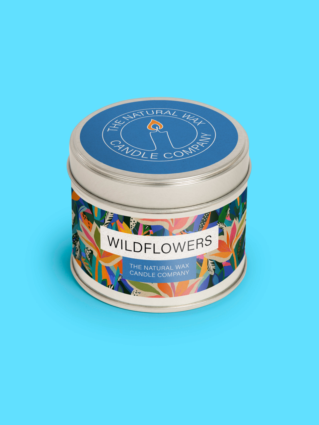 Labelled tin packaging on a blue background.