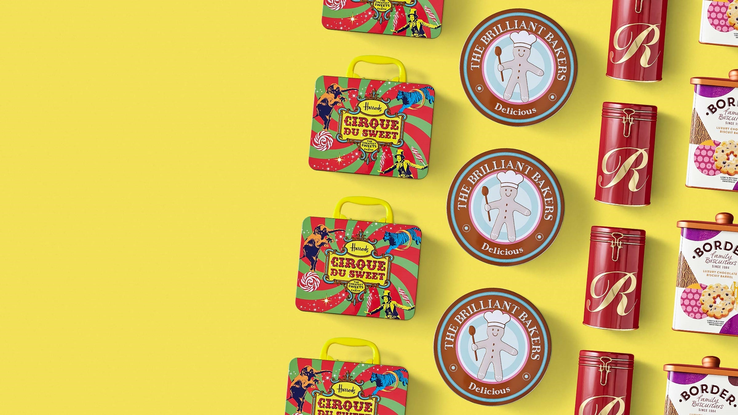 Bespoke tin packaging with a yellow background including biscuit tins, confectionery tins, and clip lid tins. 