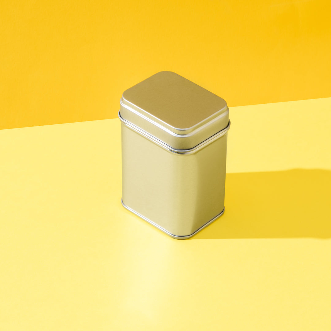 The medium sized silver rectangular tin with slip lid that is suitable for stacking with other sizes