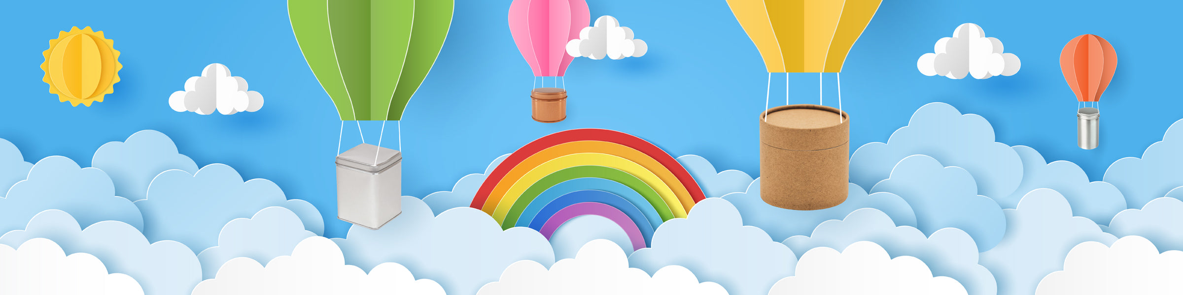 Metal and cardboard packaging being delivered floating down on parachute with a blue sky and rainbow backdrop. 