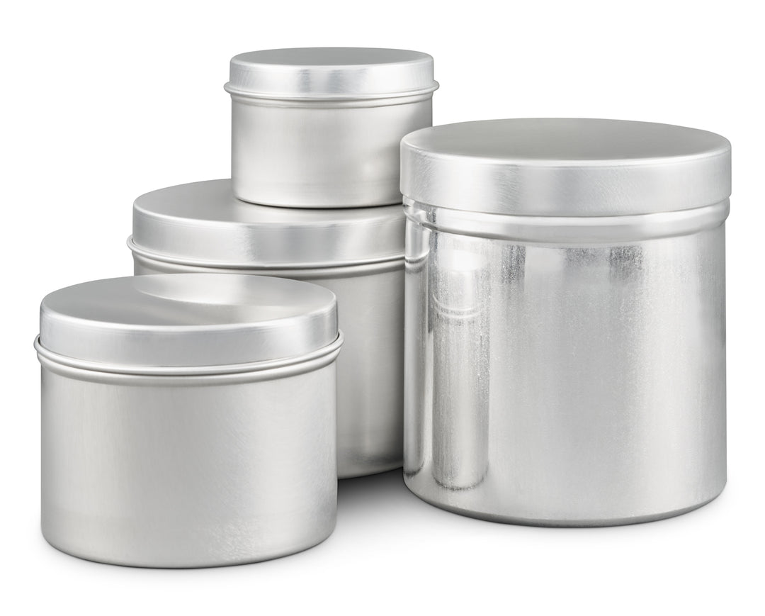 Aluminium tin container collection showing the dull lustre of T9245 compared to the other tins in the range.